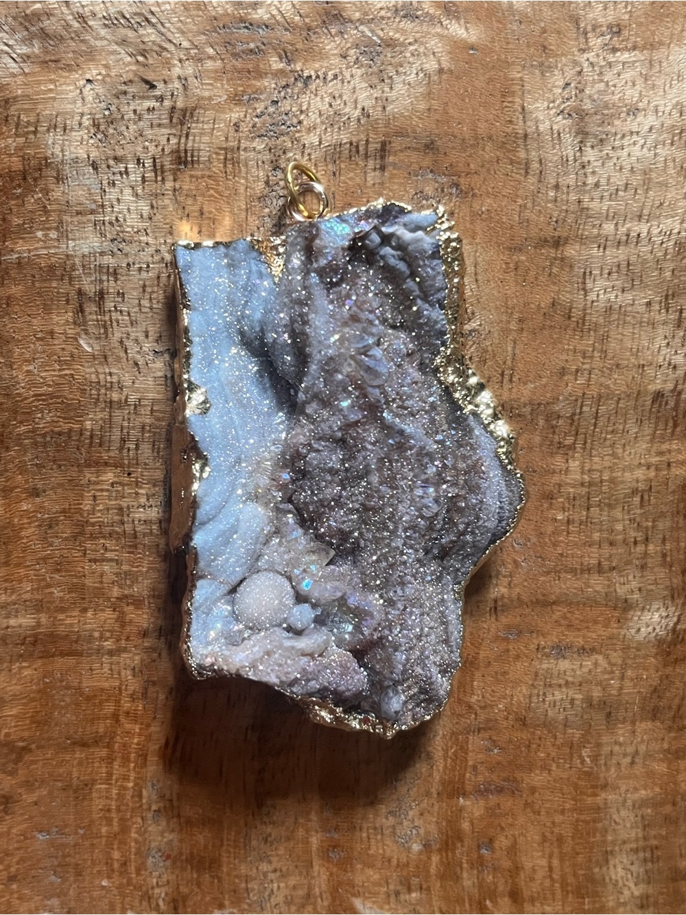 Natural Druzy Agate Geode Pendant with Gold Tone Trim